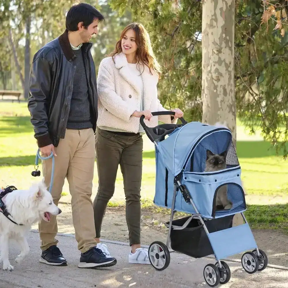 “Blue 4-Wheel Foldable Pet Stroller for Cats & Dogs – Portable Jogger Carrier with Storage Basket”