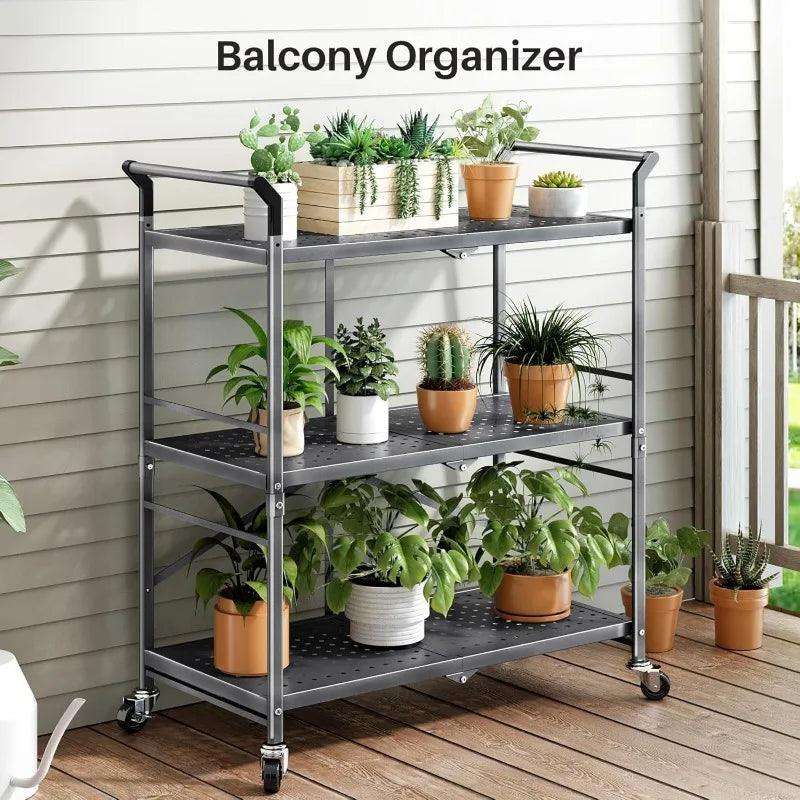 Rolling Utility Cart Folding Cart with Wheels - 3 Tier Collapsible Metal Cart - PulinGO