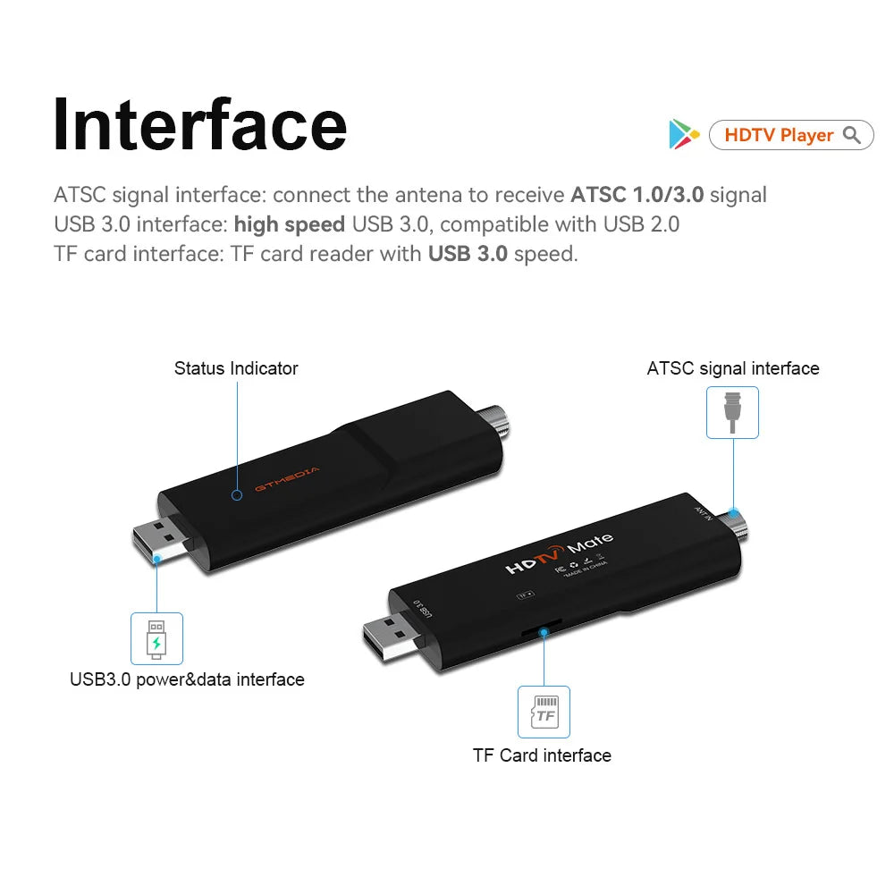 GTMEDIA HDTV Mate USB Tuner TV Stick – ATSC 3.0/1.0 Digital Signal Receiver with QAM-B, Works with HDTVPlayer App (Android 9.0+)