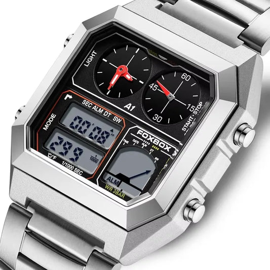 FOXBOX Men’s Electronic Sports Watch – Waterproof, Luminous Dial, Stainless Steel Strap & Alarm ⌚✨
