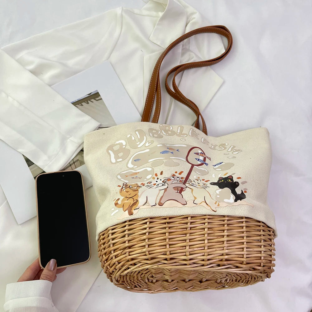 Women’s Straw Shoulder Bag – Patchwork Canvas Printed Bucket Tote with Large Capacity for Shopping & Travel 👜🌴