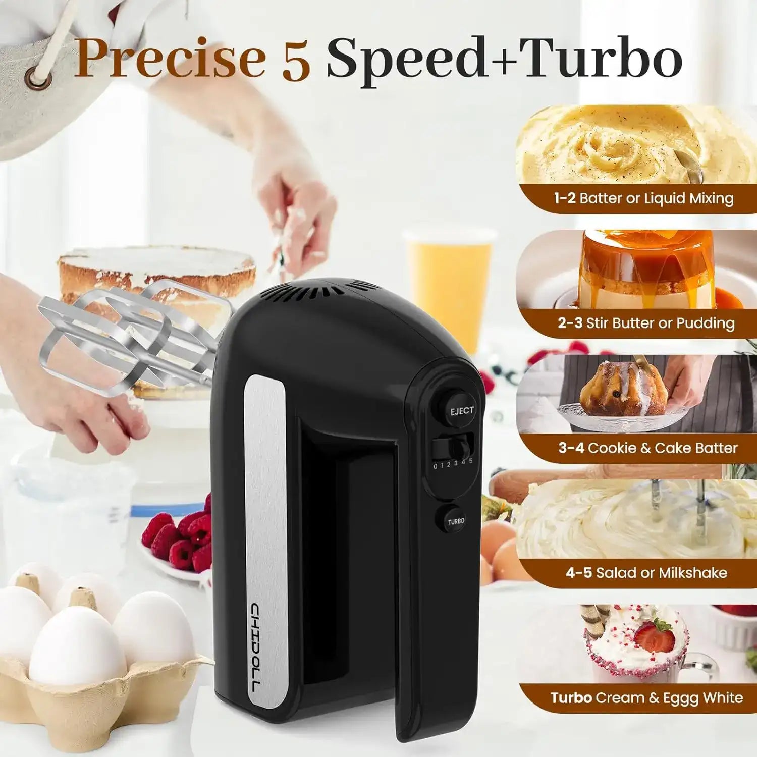 5-Speed Electric Hand Mixer 800W – Handheld Mixer with Turbo, Stainless Steel Attachments & Storage Case