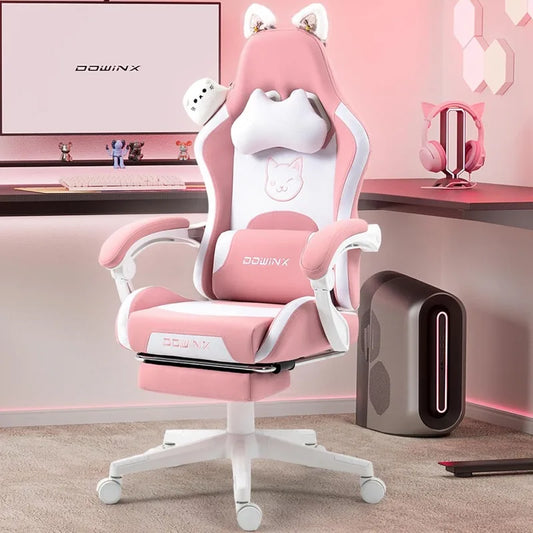 Dowinx Gaming Chair with Cat Ears – Cute Pink Ergonomic Computer Chair with Massage Lumbar Pillow, Headrest & Adjustable Armrests