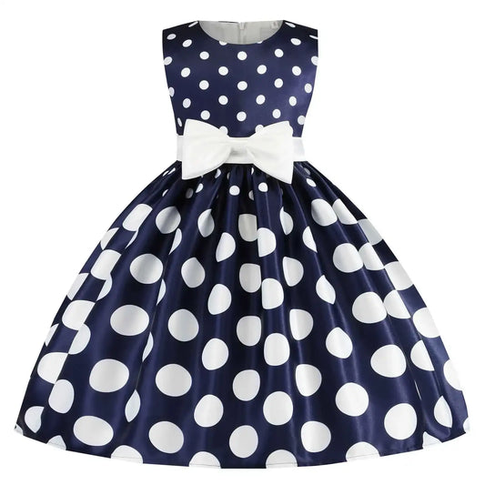Girls Sleeveless Dot Party Dress – Bowknot Birthday & Wedding Gown (Kids)