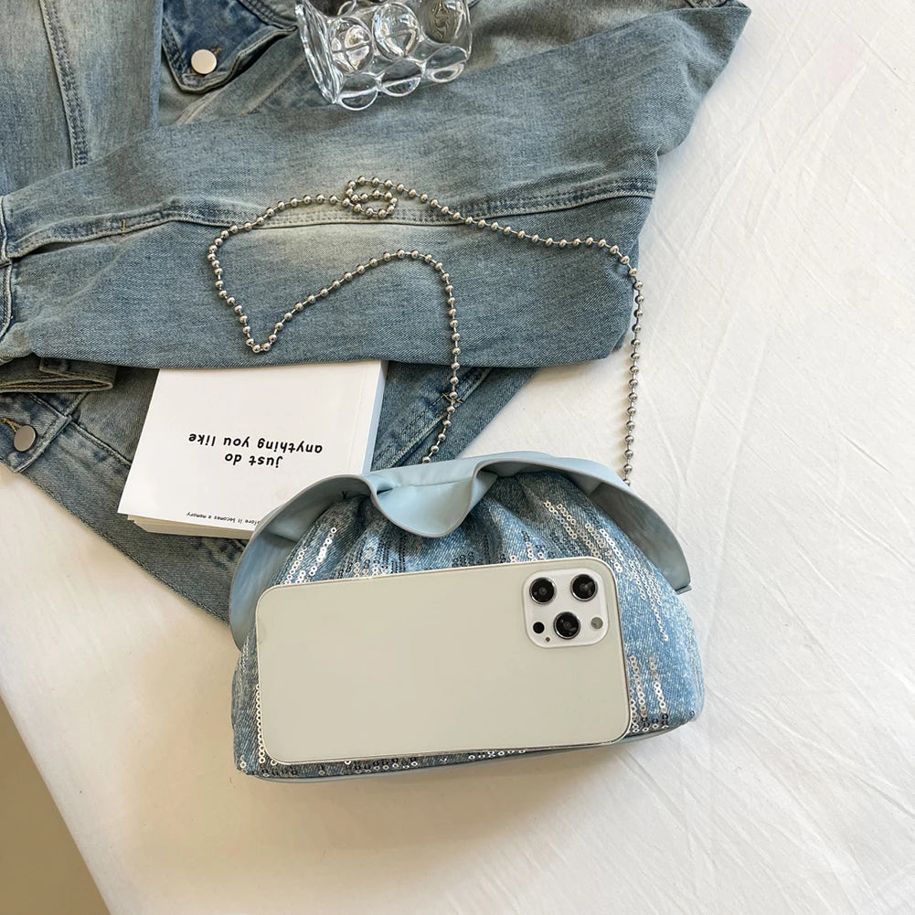 Women’s Denim Crossbody Chain Clutch – Stylish Hobo Purse & Evening Bag for Weddings, Parties & Bridal Fashion