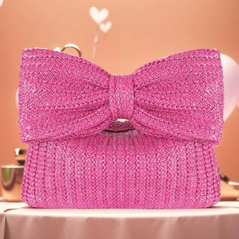 Women’s Crochet Straw Beach Handbag – Summer Bow Tote with Zipper Closure for Weddings, Parties & Vacations