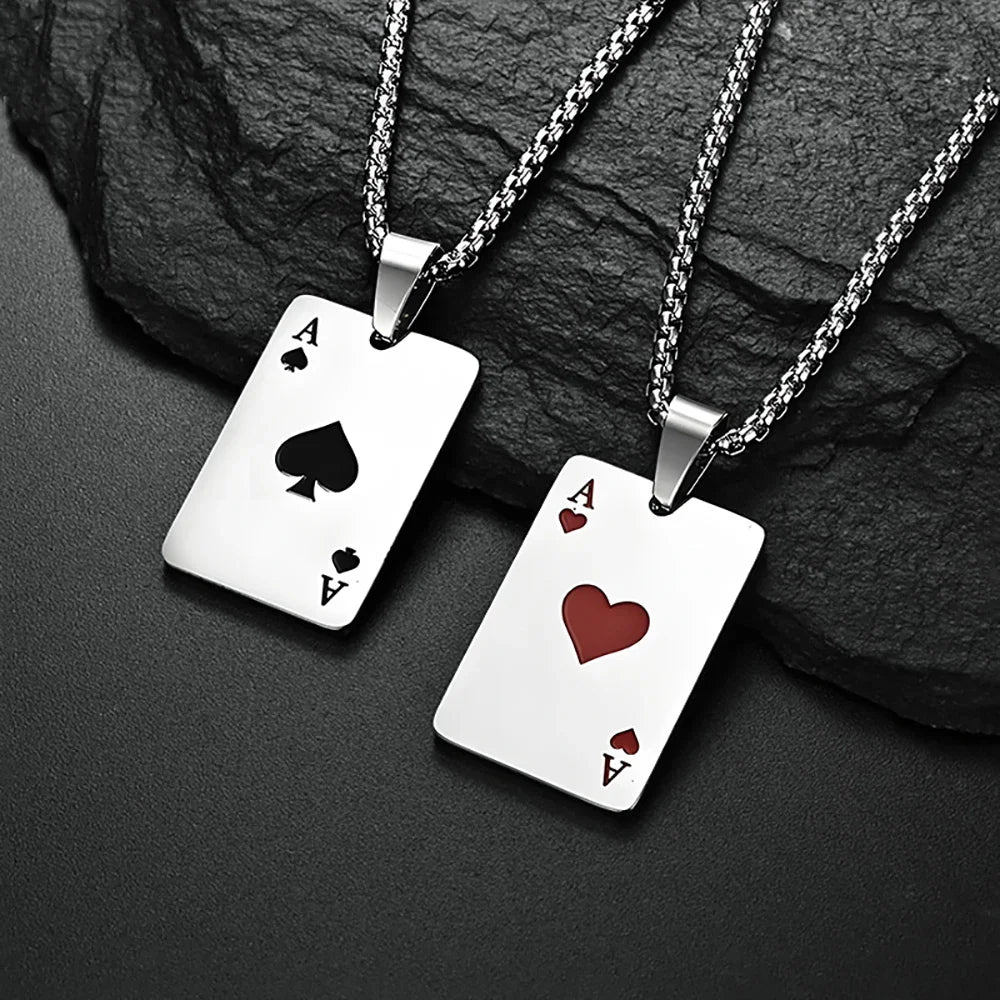 Hip Hop Poker Card Necklace for Men – Stainless Steel Ace of Spades Pendant Chain, Street Style Playing Card Jewelry