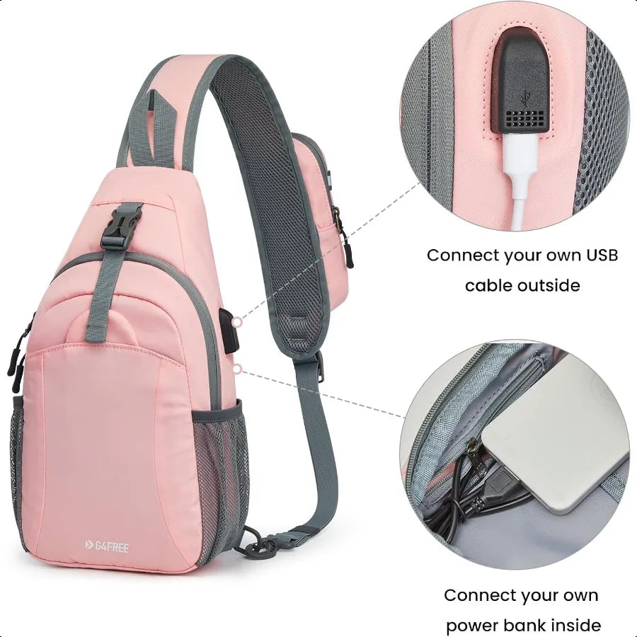 RFID-Protected Sling Bag – USB Charging Crossbody Backpack for Travel & Hiking | Lightweight Chest Daypack for Women & Men (Pink)