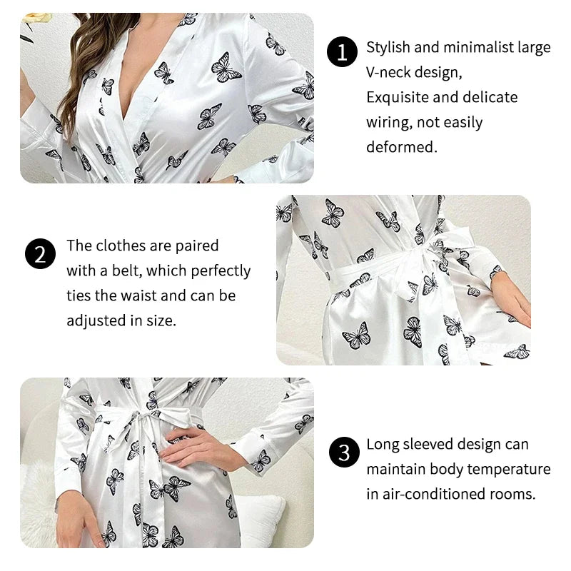 Women’s Satin Nightdress & Kimono Robe Set – Elegant Long Sleeve V-Neck Sleepwear | Silky Pajama Nightgown
