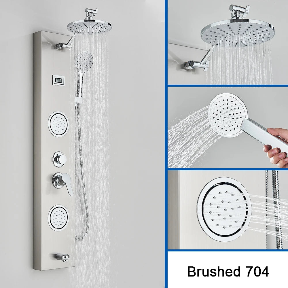 Brushed Nickel Shower Panel Column with Rainwaterfall Head & Massage Jets – Thermostatic Mixer Tap