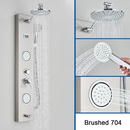 Brushed Nickel Shower Panel Column with Rainwaterfall Head & Massage Jets – Thermostatic Mixer Tap