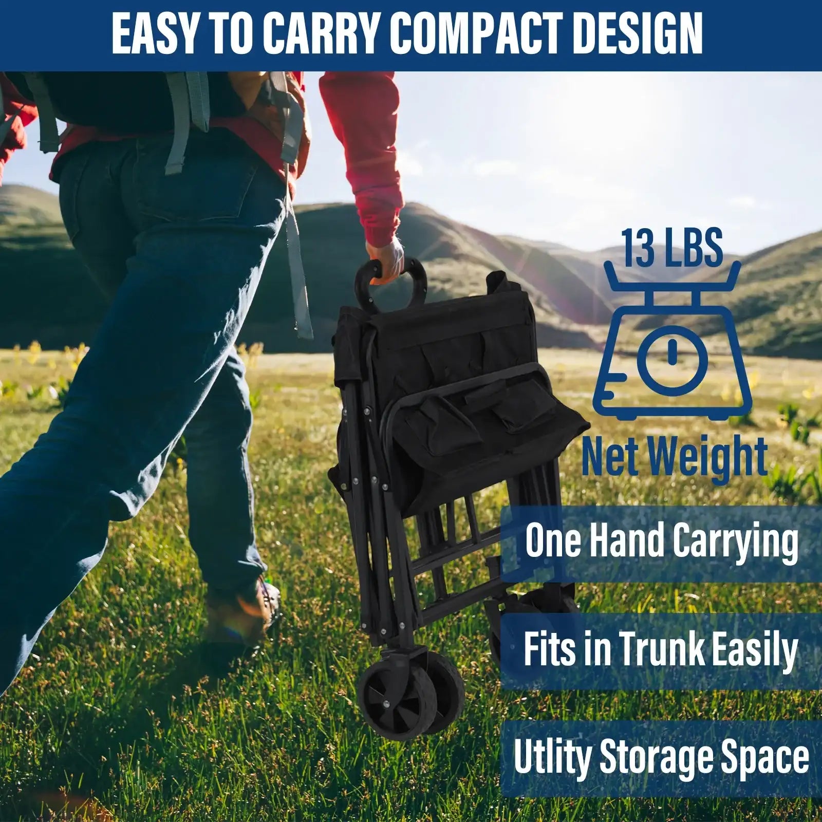 Garden Handcart with Four Foldable Wheels – Portable Cargo Transport Trolley, One-Hand Carry, Heavy-Duty Folding Utility Wagon for Outdoor & Home Use