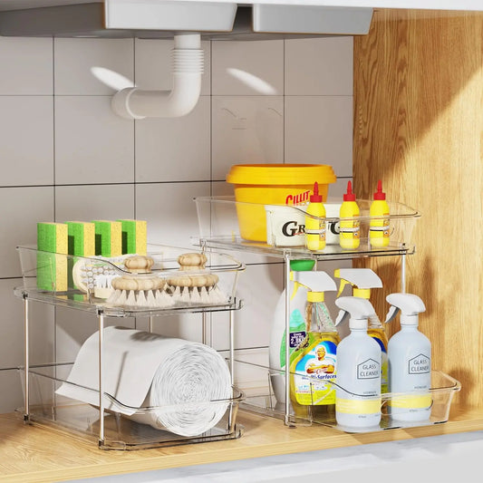 2-Tier Clear Pull-Out Home Organizer – Multi-Purpose Storage Rack for Bathroom, Vanity, Kitchen & Closet