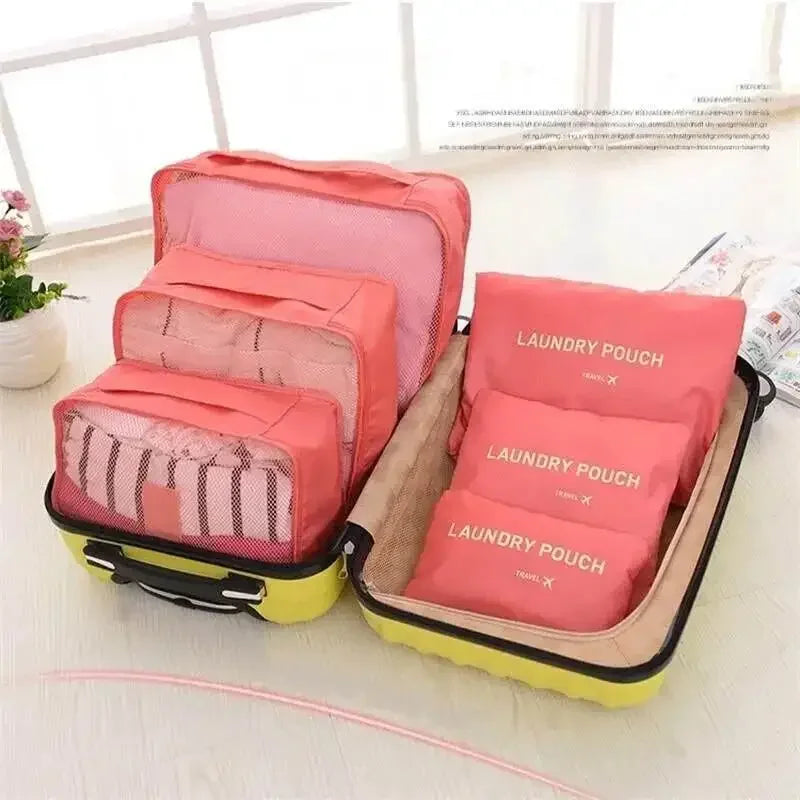 6-Piece Travel Storage Bag Set – Waterproof Large-Capacity Luggage Clothes & Underwear Organizer (Pink/Blue/Grey)