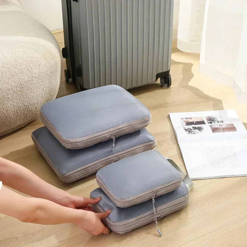 4-Piece Compression Packing Cube Bag Set – Travel & Luggage Storage Organisers with Shoe Bag, Waterproof Mesh & Zipper