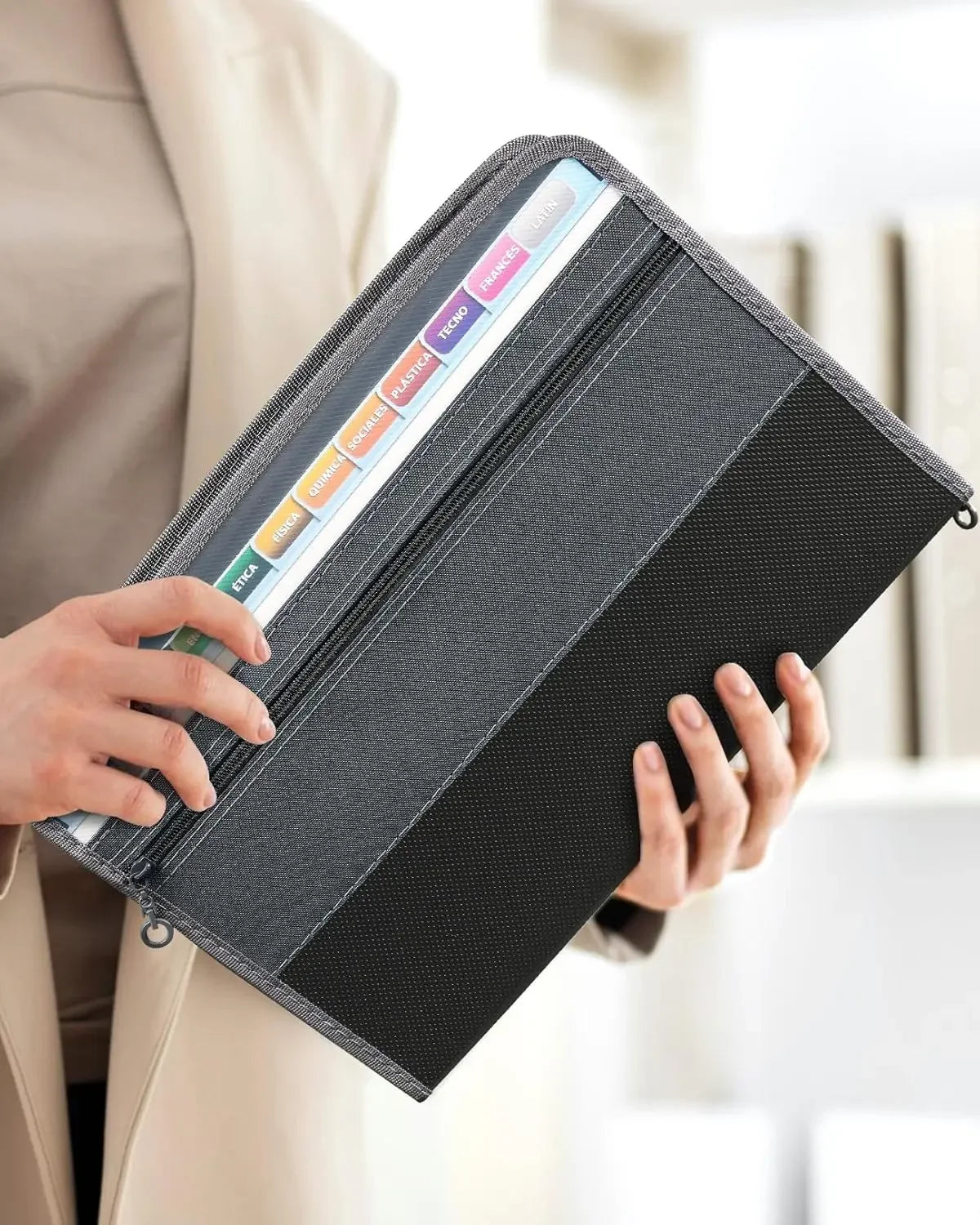 Expandable File Organizer with Security Zipper – 12-Pocket Document Folder with Front Pen Holder for Office & School