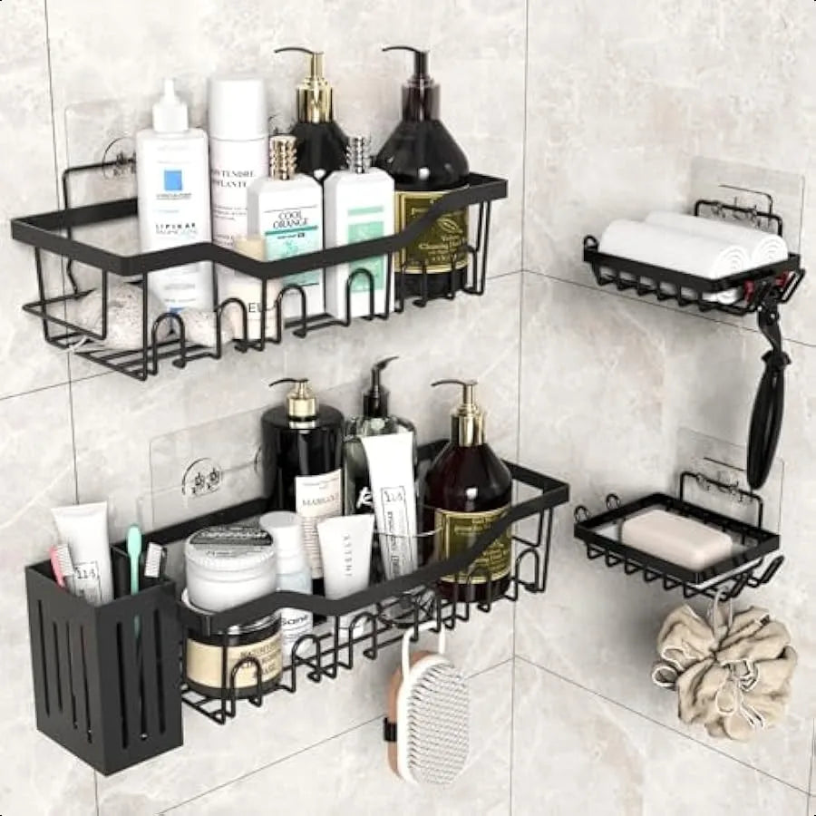 5-Pack No-Drill Shower Caddy Set – Large Capacity Rust-Proof Wall-Mounted Organizer Black