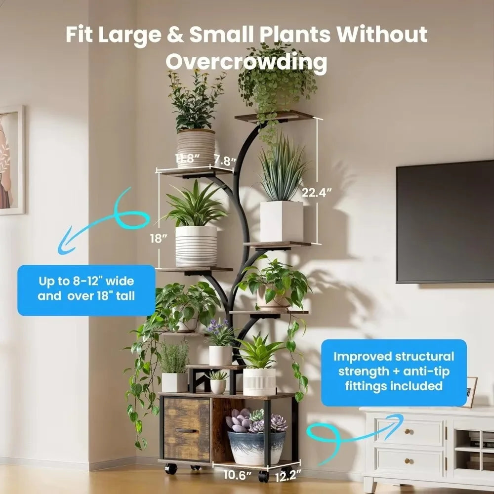 “65-Inch Indoor Plant Stand with Grow Lights – Tiered Metal Shelf with Wheels & Drawer for Home Plant Storage & Decor”