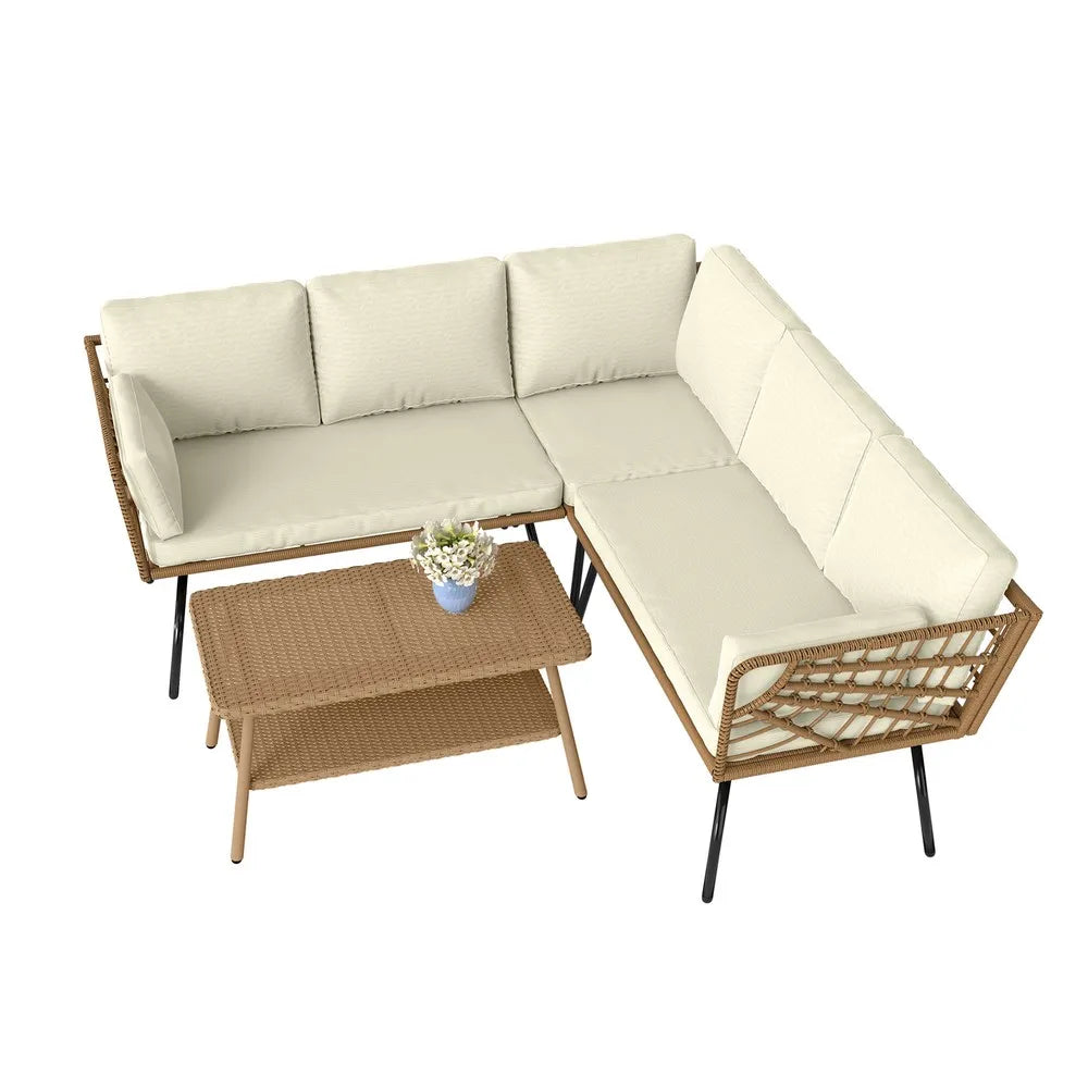 4-Piece L-Shaped Rattan Wicker Patio Furniture Set – Modern Sectional Outdoor Conversation Sofa