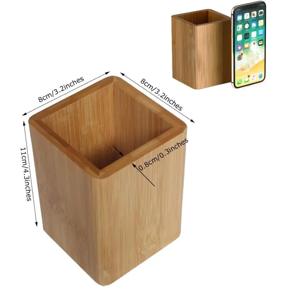 Bamboo Wooden Pen Holder & Desk Organizer – Business Card Holder Stand for Office, Home & School