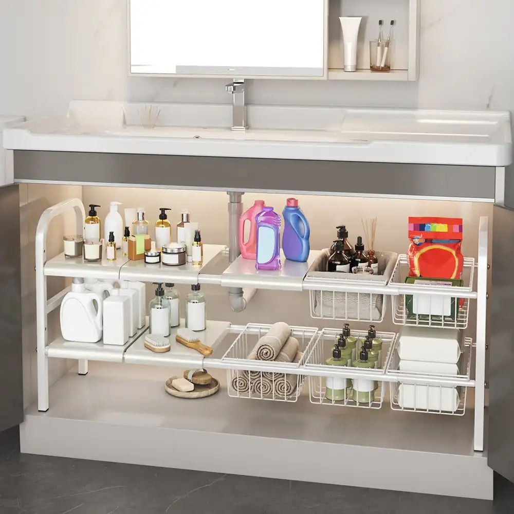 Expandable Under Sink Organizer Rack – 2-Tier Adjustable Cabinet Shelf with Removable Baskets