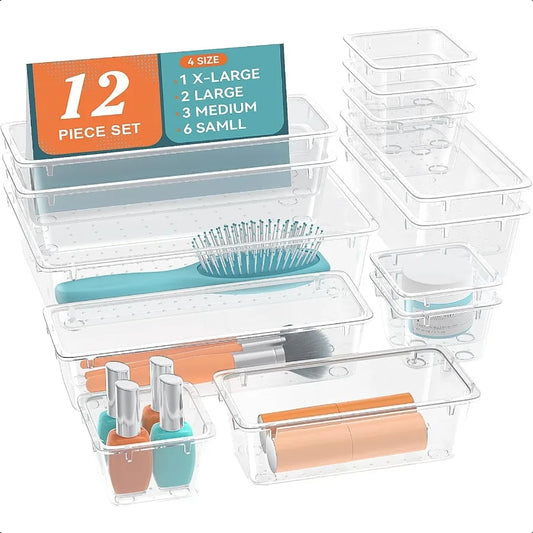 12-Piece Crystal Clear Drawer Organizer Set – Multi-Size Storage Trays for Vanity, Kitchen & Office