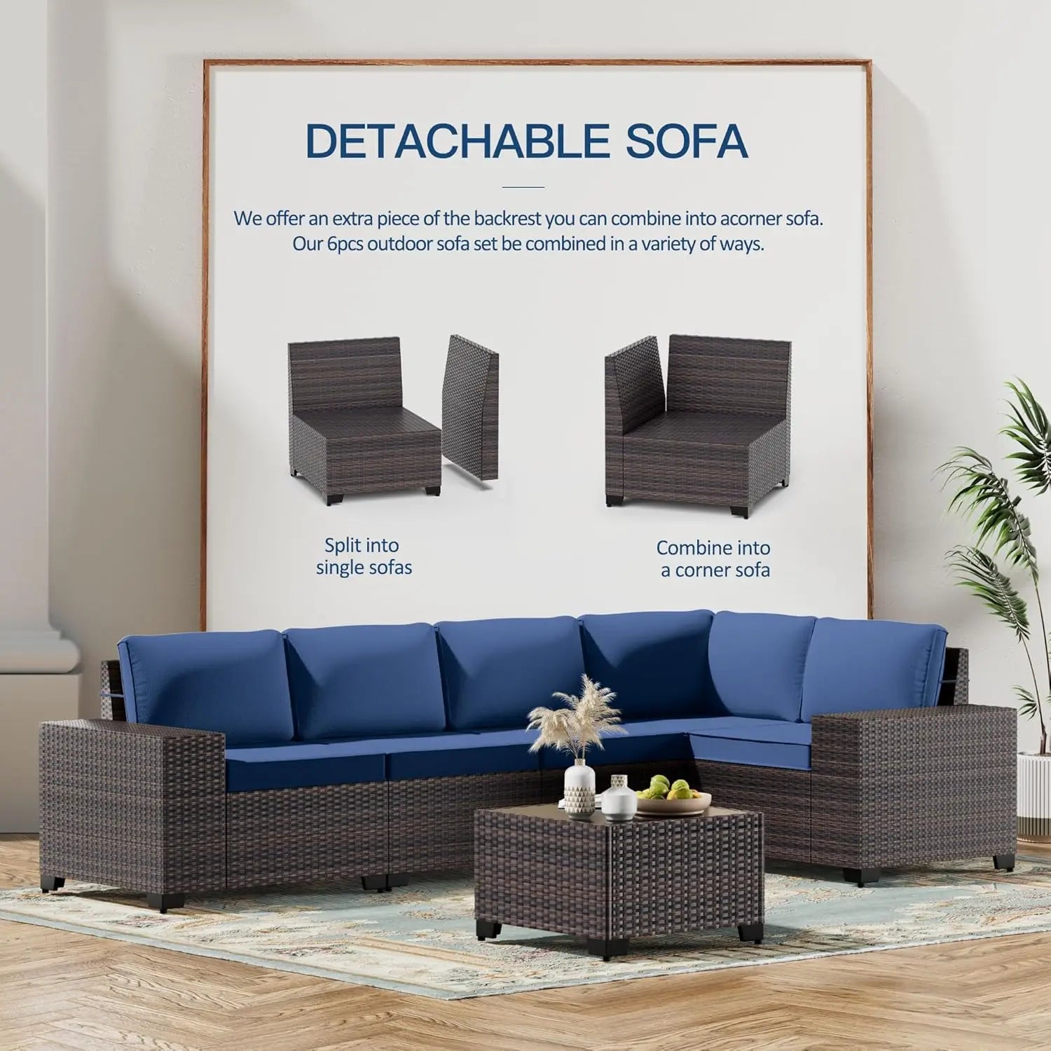 6-Piece Outdoor Patio Furniture Set – PE Wicker Rattan Sectional Sofa with Navy Blue Cushions | Modern Patio Conversation Set
