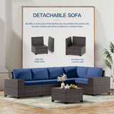 6-Piece Outdoor Patio Furniture Set – PE Wicker Rattan Sectional Sofa with Navy Blue Cushions | Modern Patio Conversation Set