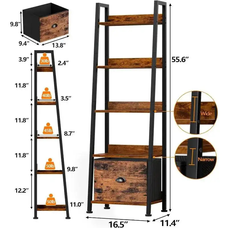 5-Tier Ladder Shelf, Ladder Bookshelf with Removable Drawer, Rustic Bookcase Storage Rack Organizer, Wood Metal Freestanding - PulinGO