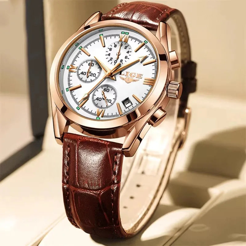 LIGE Men’s Luxury Waterproof Sport Watch – Luminous Quartz Military Leather Chronograph with Date Display