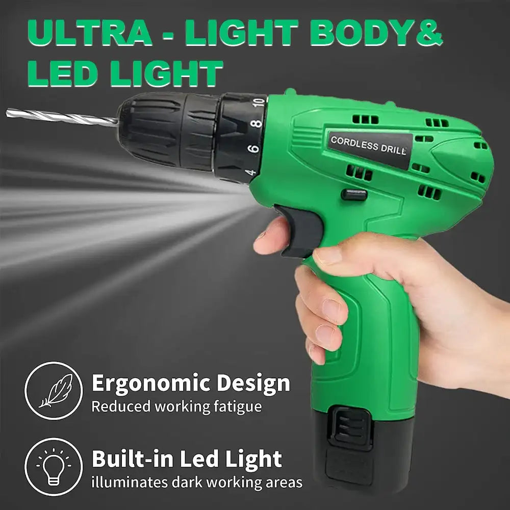 12 V Cordless Drill Set – 18 Torque Settings Power Drill with 3/8″ Keyless Chuck for Home Maintenance