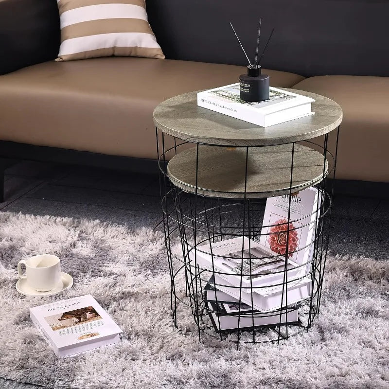 Set of 2 Wire Basket End Tables with Wood Tops – Modern Gray Side Tables for Living Room, Bedroom & Office