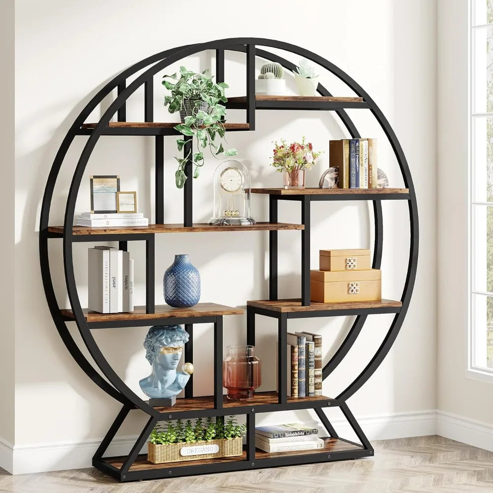 Round Industrial Etagere Bookcase – 63″ Tall with 14 Staggered Display Shelves & Metal Frame