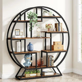 Round Industrial Etagere Bookcase – 63″ Tall with 14 Staggered Display Shelves & Metal Frame