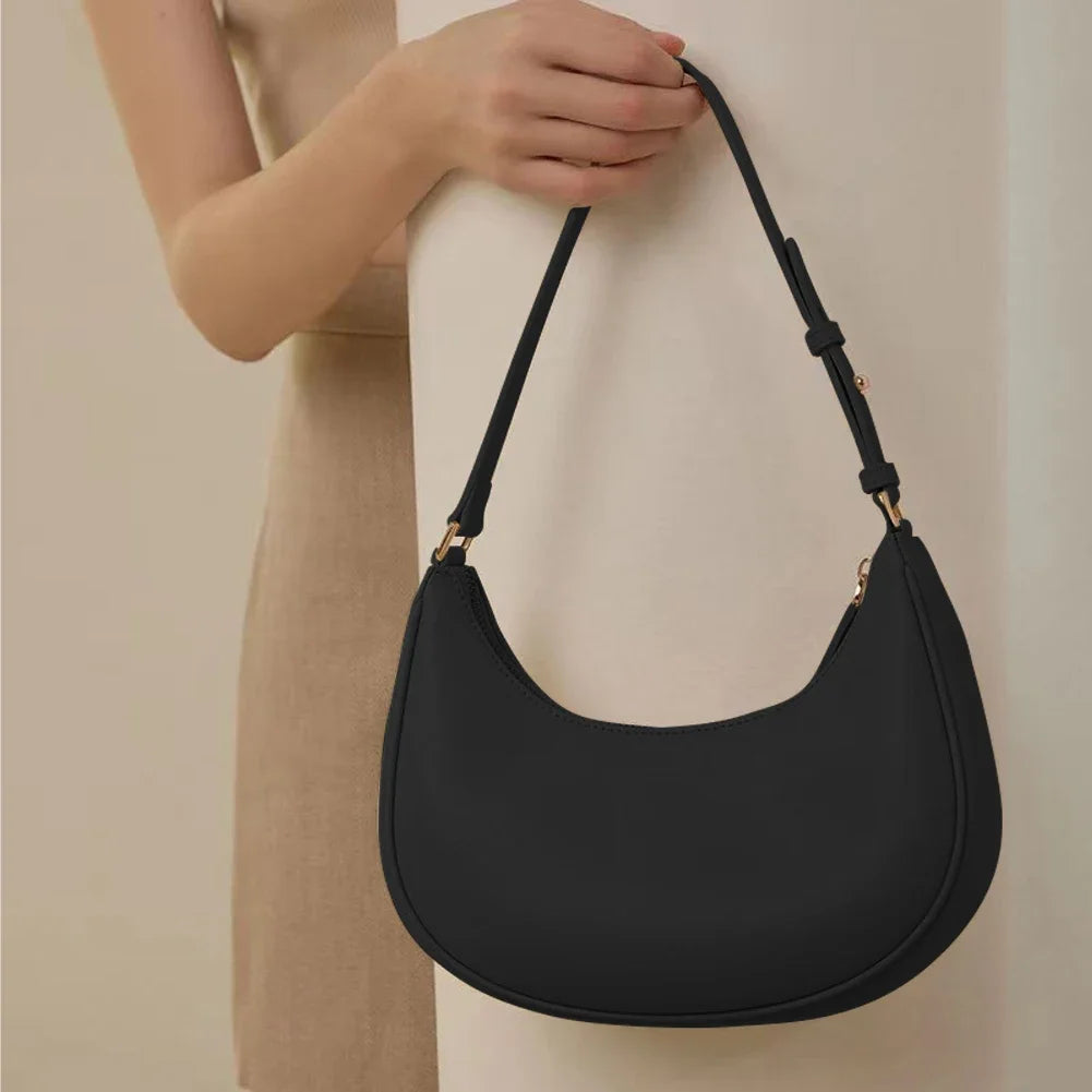 Women’s Half-Moon Tote Bag – PU Leather Solid Colour Small Satchel Hobo Purse