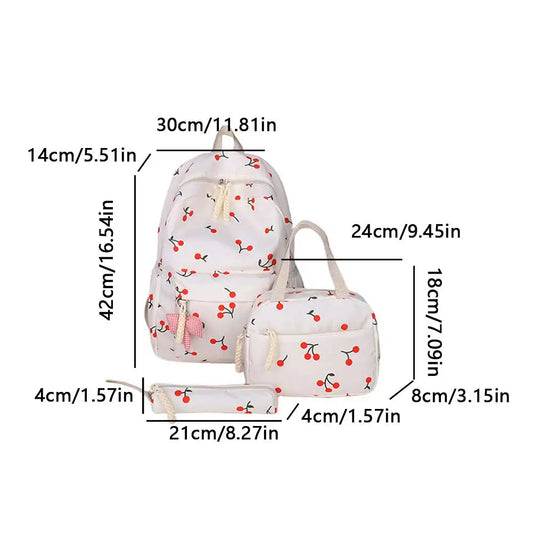 3-Piece School Bag Set – BackPack + Lunch Bag + Pencil Case (Cherry Printed)