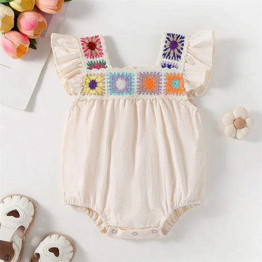 Lioraitiin Baby Girl Summer Romper – Newborn Fly Sleeve Bodysuit with Square Neck & Crochet Flower Design Playsuit