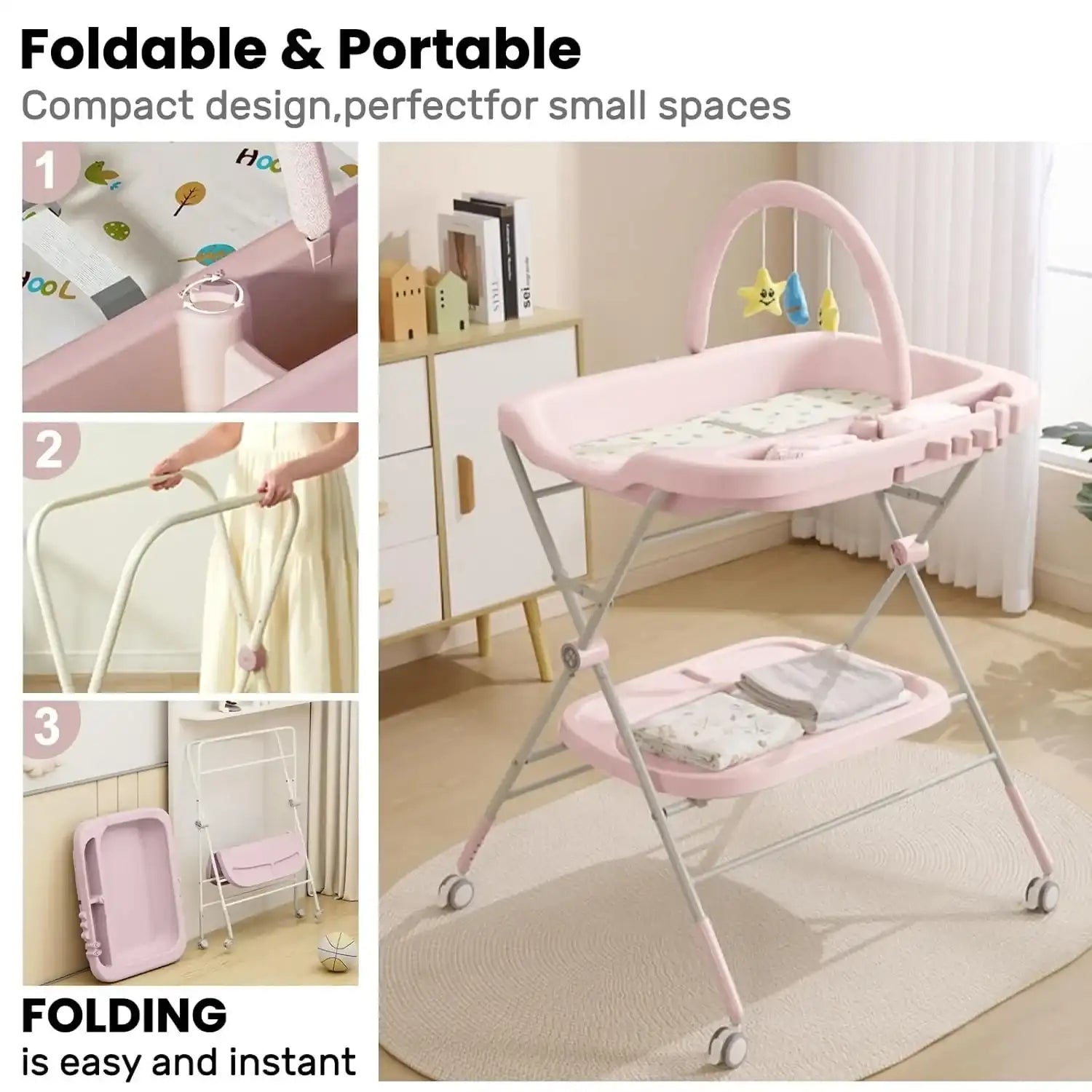 Adjustable Height Folding Baby Diaper Changing Table – Portable Station with Wheels & Organizer