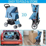 “Blue 4-Wheel Foldable Pet Stroller for Cats & Dogs – Portable Jogger Carrier with Storage Basket”