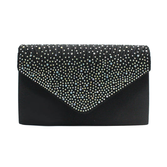 Women’s Satin Rhinestone Clutch – Elegant Evening Shoulder Bag with Thin Chain for Parties, Banquets & Weddings