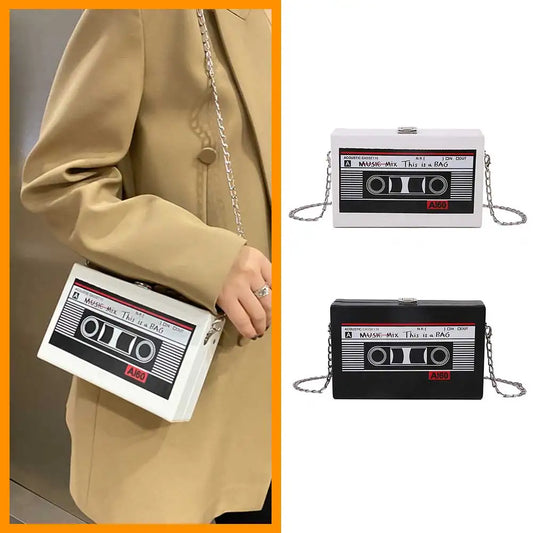 Women’s Radio Shape Crossbody Bag – Retro PU Leather Mini Chain Purse with Tape Recorder Print for Daily Use 🎶