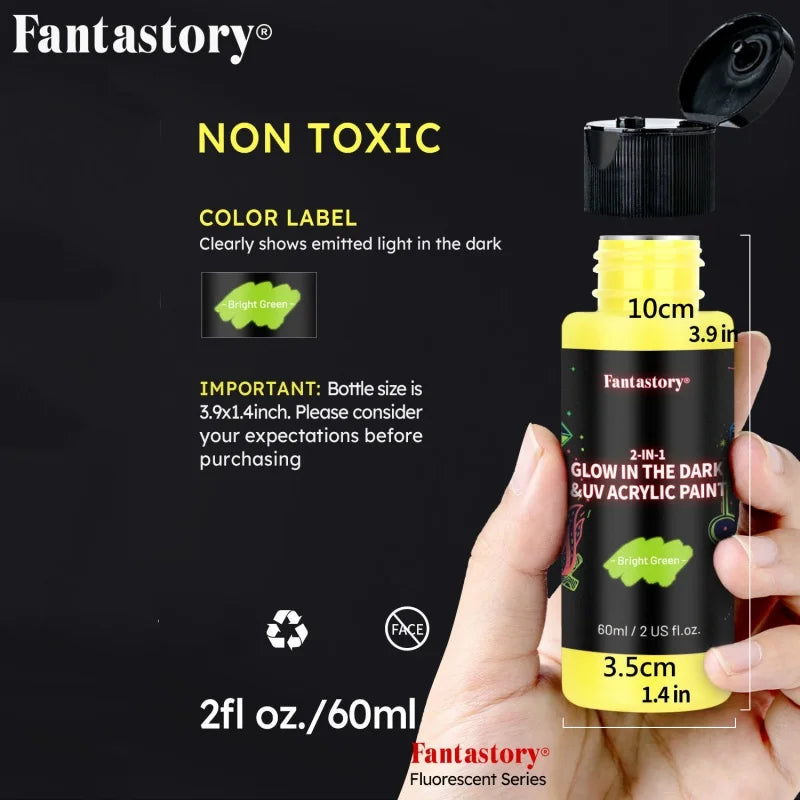 Fantastory 10-Colour 2-in-1 Glow-in-the-Dark Acrylic Paint Set – Waterproof Neon Paints for Wood, Fabric & DIY Decor