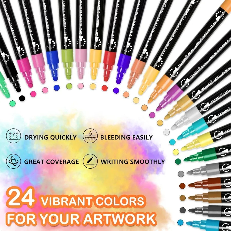 24-Color Dual-Tip Acrylic Paint Pens – Multi-Surface DIY Art Markers