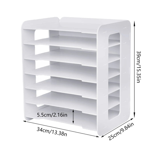 📂 7-Tier White Wooden Desktop Organizer – Office Document Rack & File Storage Shelf for Home, School & Classroom