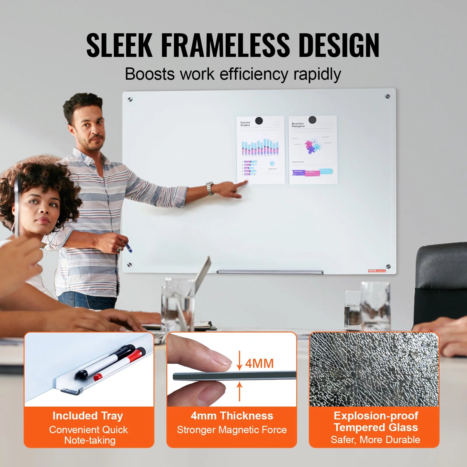 Magnetic Frameless Glass Dry-Erase Board – 48″ × 32″, Wall-Mounted Glass Whiteboard for Office, School & Home