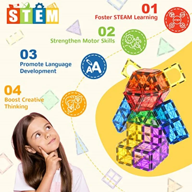 60PCS Magnetic Building Tiles Set – STEM Educational Construction Blocks, Sensory Learning Toys for Kids Ages 3+, Boys & Girls