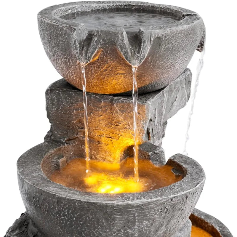 33.25″ Cascading Bowls & Stacked Stones LED Outdoor Water Fountain
