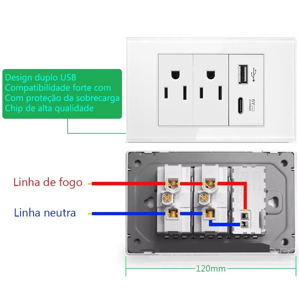 Melery US Power Wall Socket – Double USB + Type-C Ports with Light Switch, Tempered Glass Panel Electrical Plug for Home & Office
