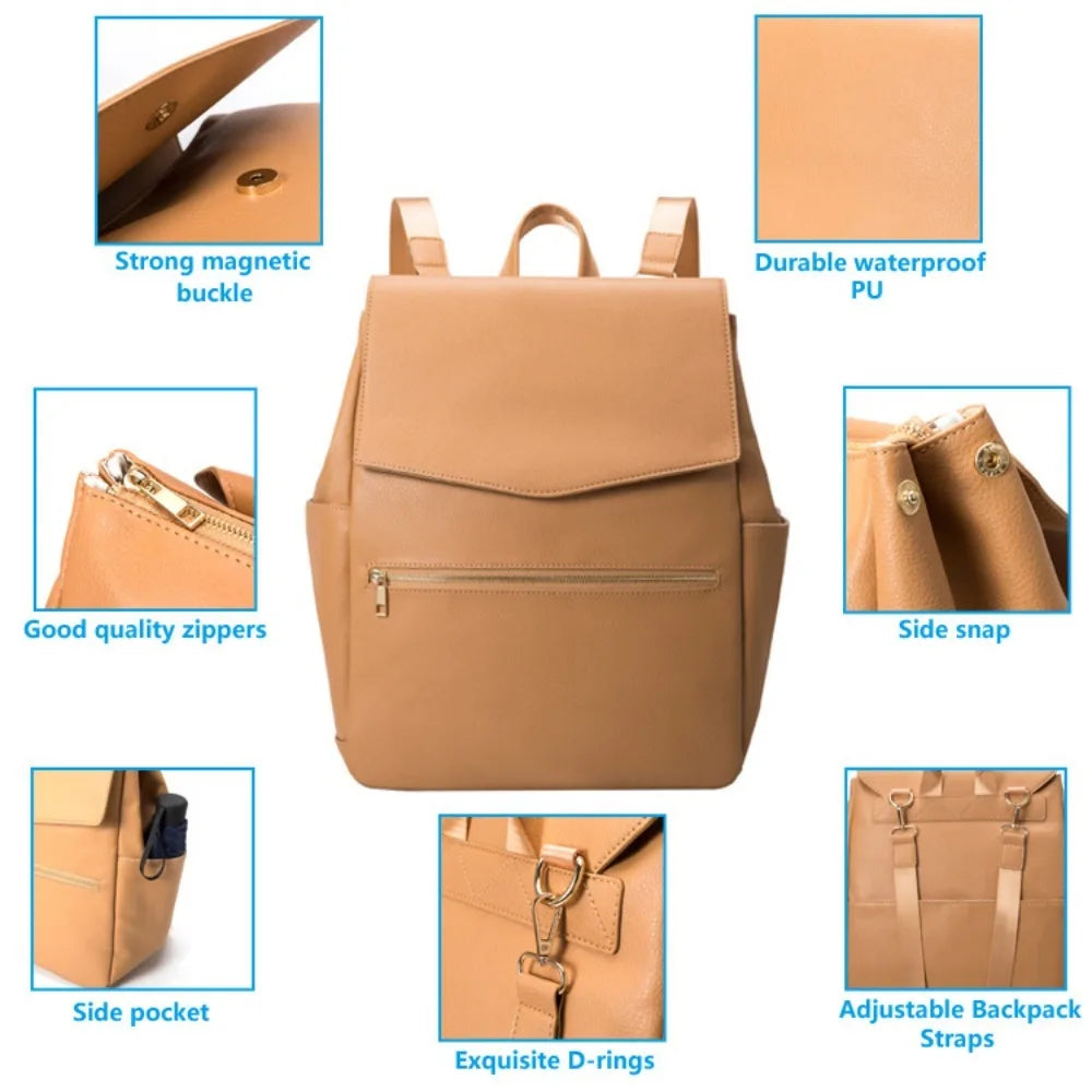 PU Leather Baby Diaper Bag Backpack – Large Capacity Mommy Bag with Changing Pad & Stroller Straps | Waterproof Nappy Organizer