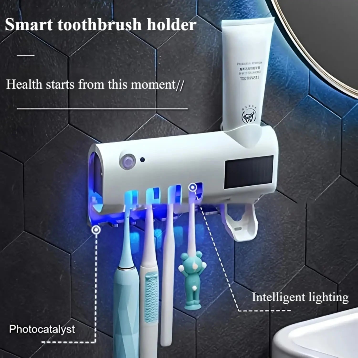 Wall-Mounted Toothpaste Dispenser & 4-Slot Toothbrush Rack – Drill-Free Bathroom Accessory